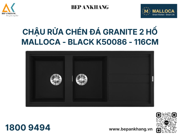 Chậu rửa chén đá Granite 2 hố Malloca - Black K50086 - 116cm